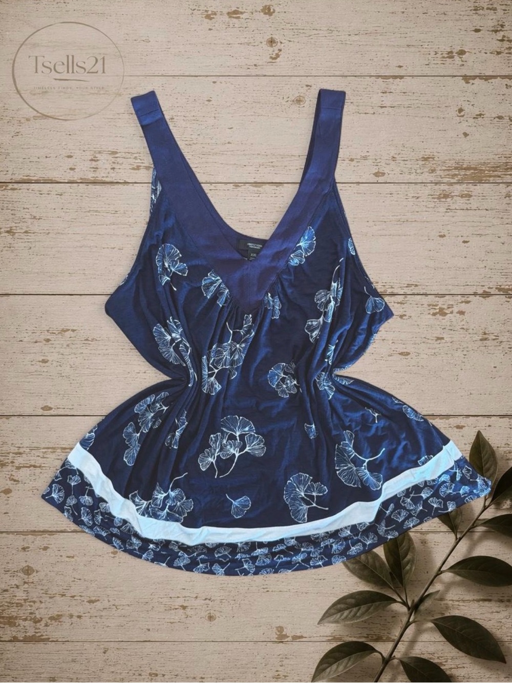 Simply Vera Vera Wang Navy Gingko Leaf Tank Top - Size XXL